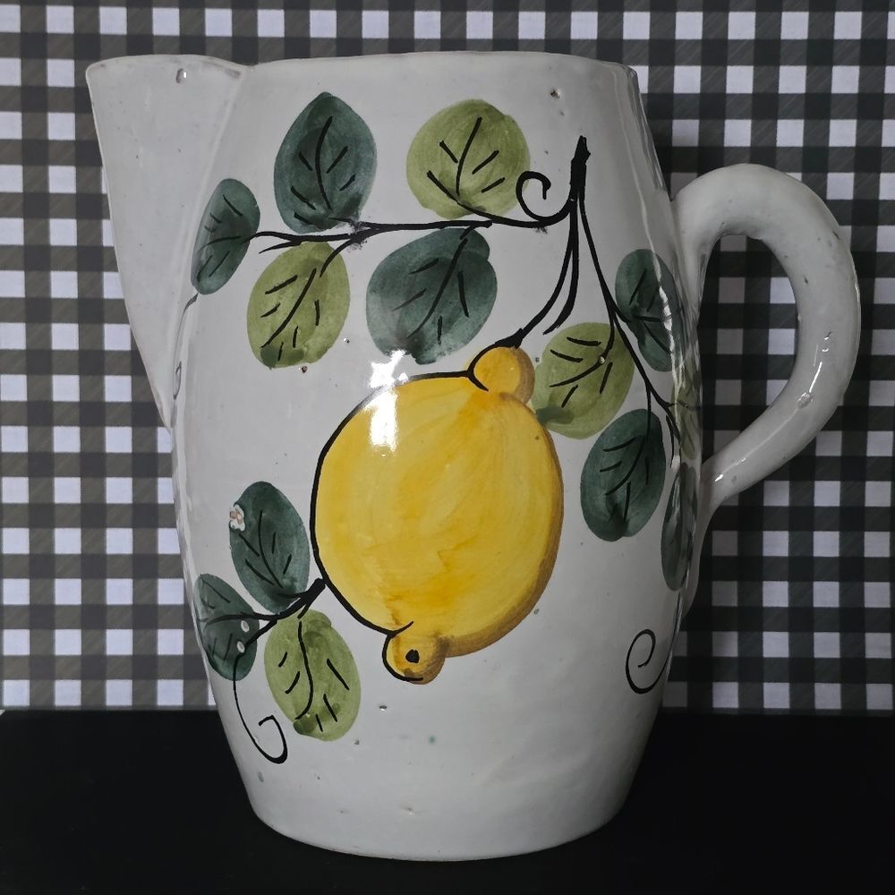 Vintage Large Tuscany Hand Painted Lemon Potery Pitcher Made In Italy
